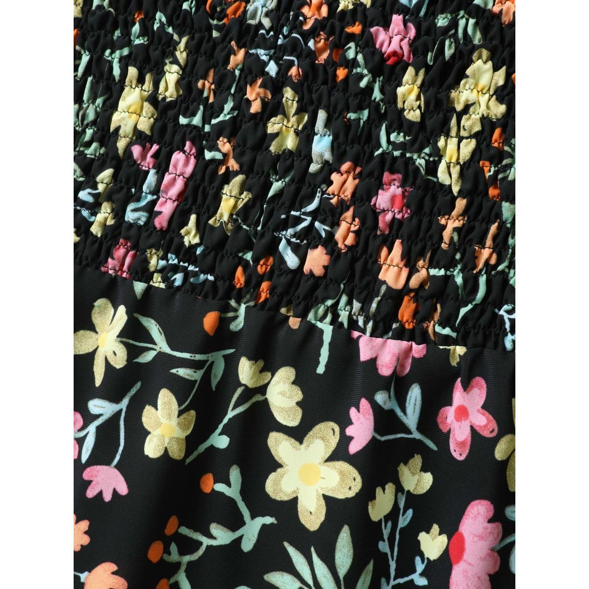 Plus Size Floral Print Shirred Pockets Midi Dress Black Women Square Neck Short sleeve Curvy BloomChic 28/5X Product Image