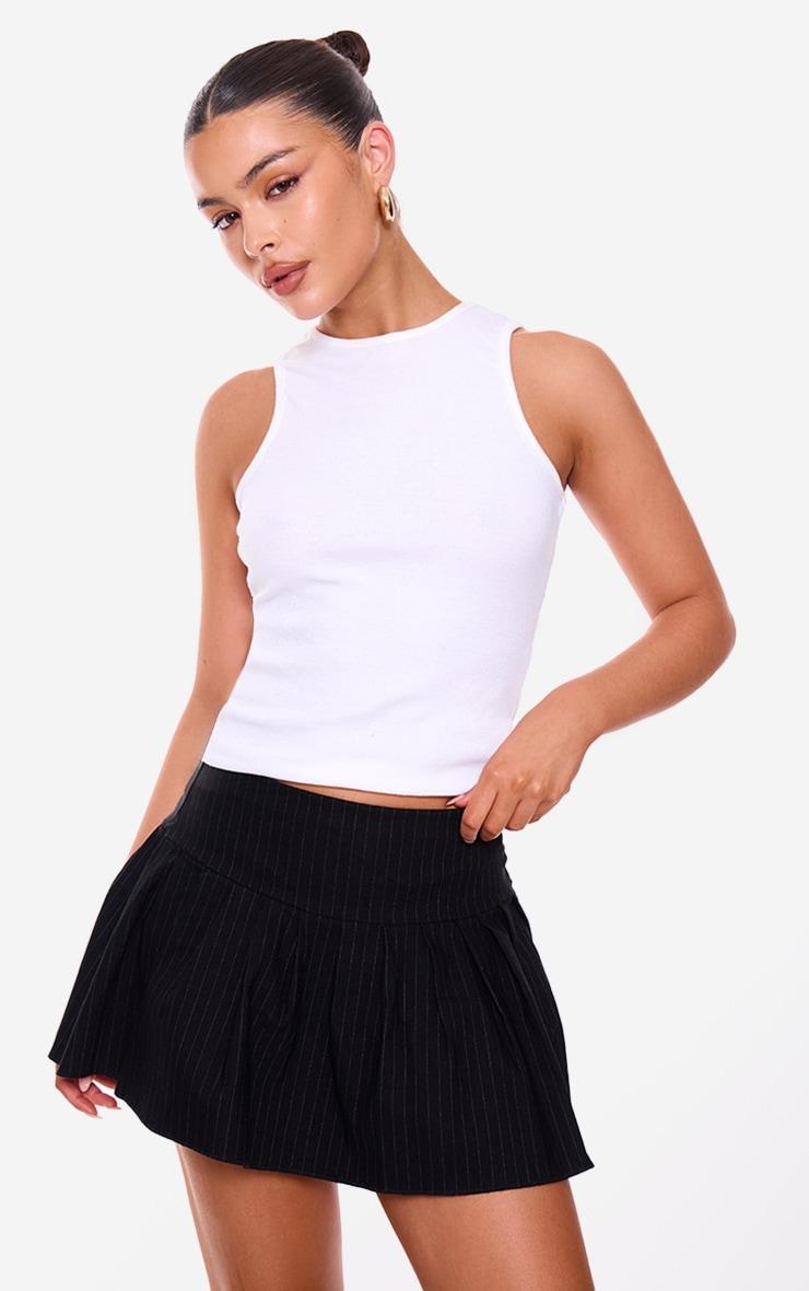 Black Pinstripe Stretch Woven Low Rise Pleated Micro Mini Skirt Product Image