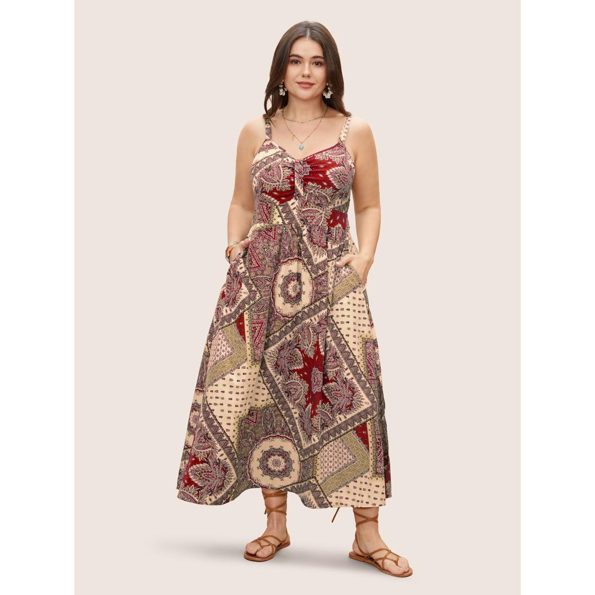 Plus Size Bandana Print Ruched Split Hem Cami Dress Crimson Women Resort V-neck Sleeveless Curvy BloomChic 18-20/2X Product Image