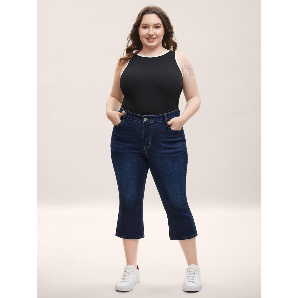Plus Size Skinny-Fit Cropped Mid-Rise Jeans Women Darkindigo Medium stretch Slanted pocket Jeans BloomChic 30/6X Product Image