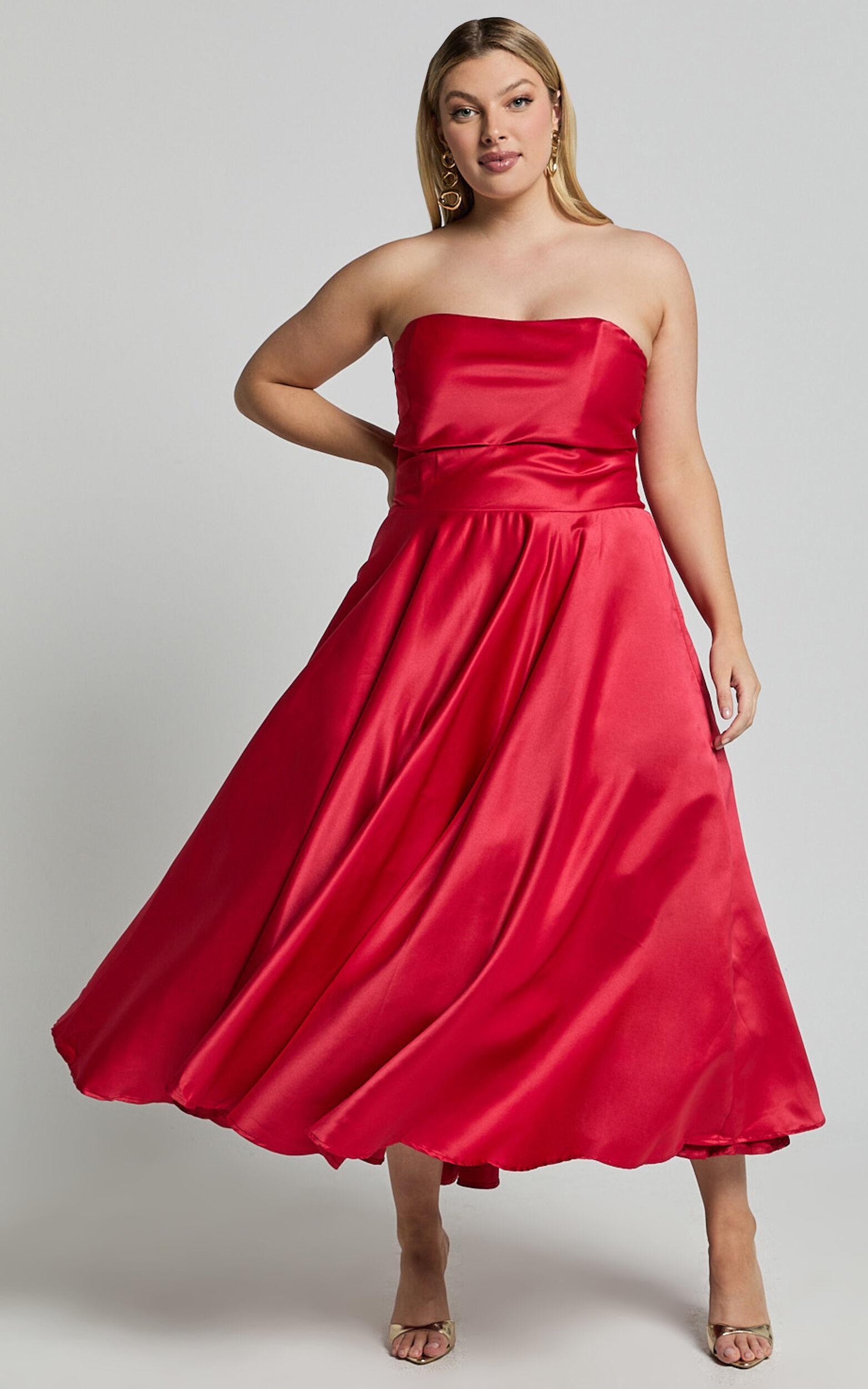 Helaina Midi Dress - Strapless A-Line Satin Dress in Red Product Image