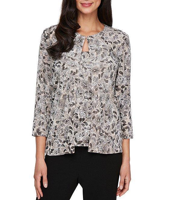 Alex Evenings Crew Neck 3/4 Sleeve Glitter Slinky Printed Twinset Product Image