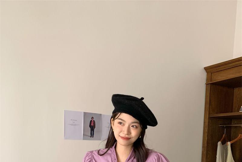 Long Sleeve Tie Neck Plain Lace Trim Blouse Product Image