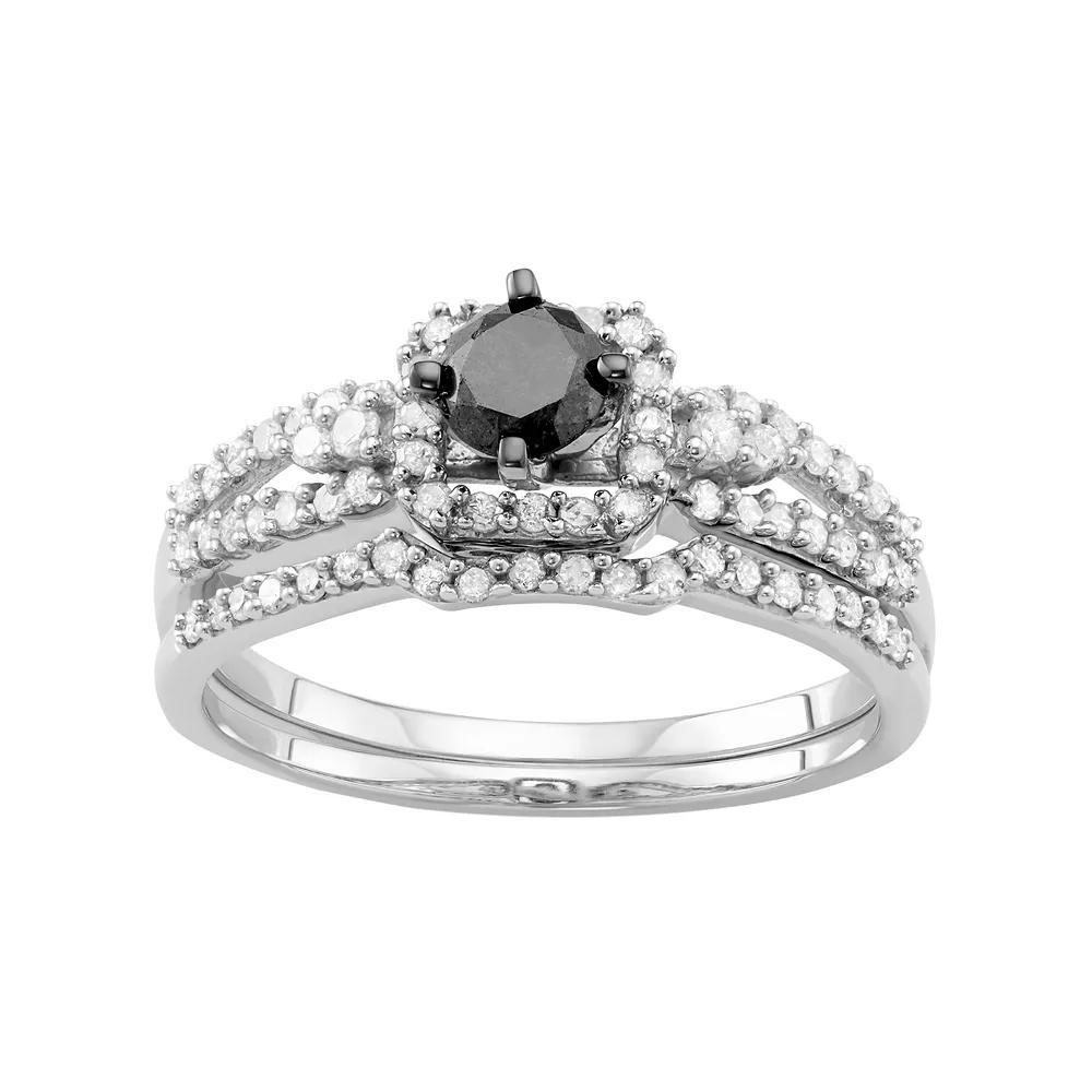 10k White Gold 1 Carat T.W. Black & White Diamond Engagement Ring Set, Women's, Size: 7, 10k Whgold Product Image