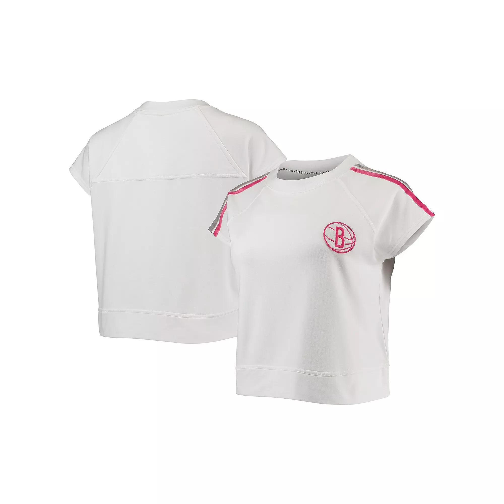 Women's Lusso White Brooklyn Nets Margot Cropped Tri-Blend Cap Sleeve Sweatshirt, Size: Small Product Image