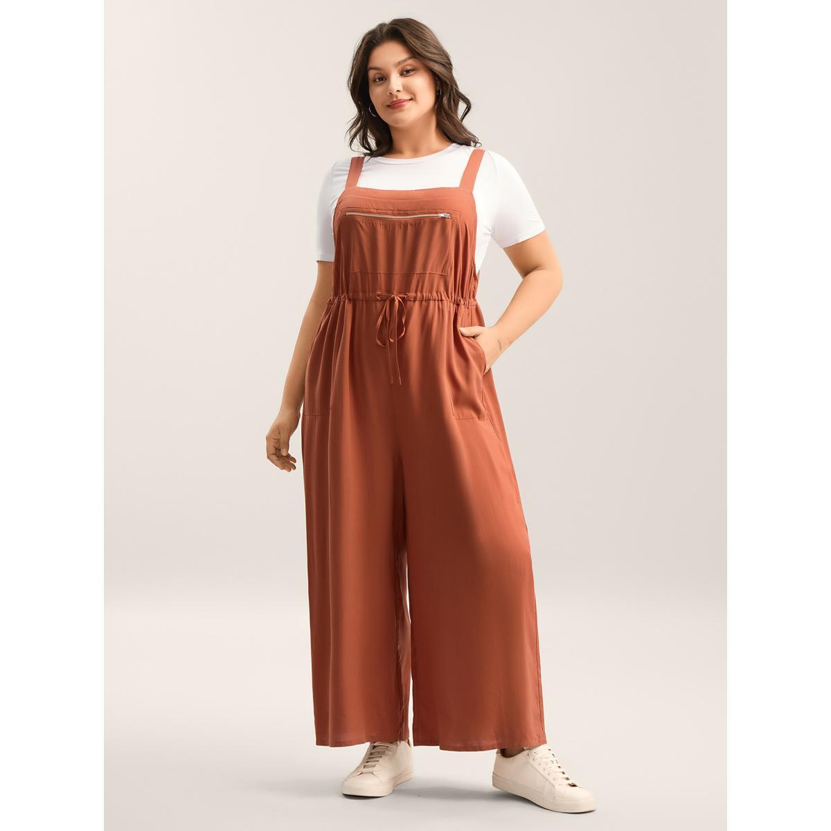 Plus Size Rust Rayon Adjustable Zipper Tie Jumpsuit Women Sleeveless Non Everyday-Casual Loose Jumpsuits BloomChic 26/4X Product Image
