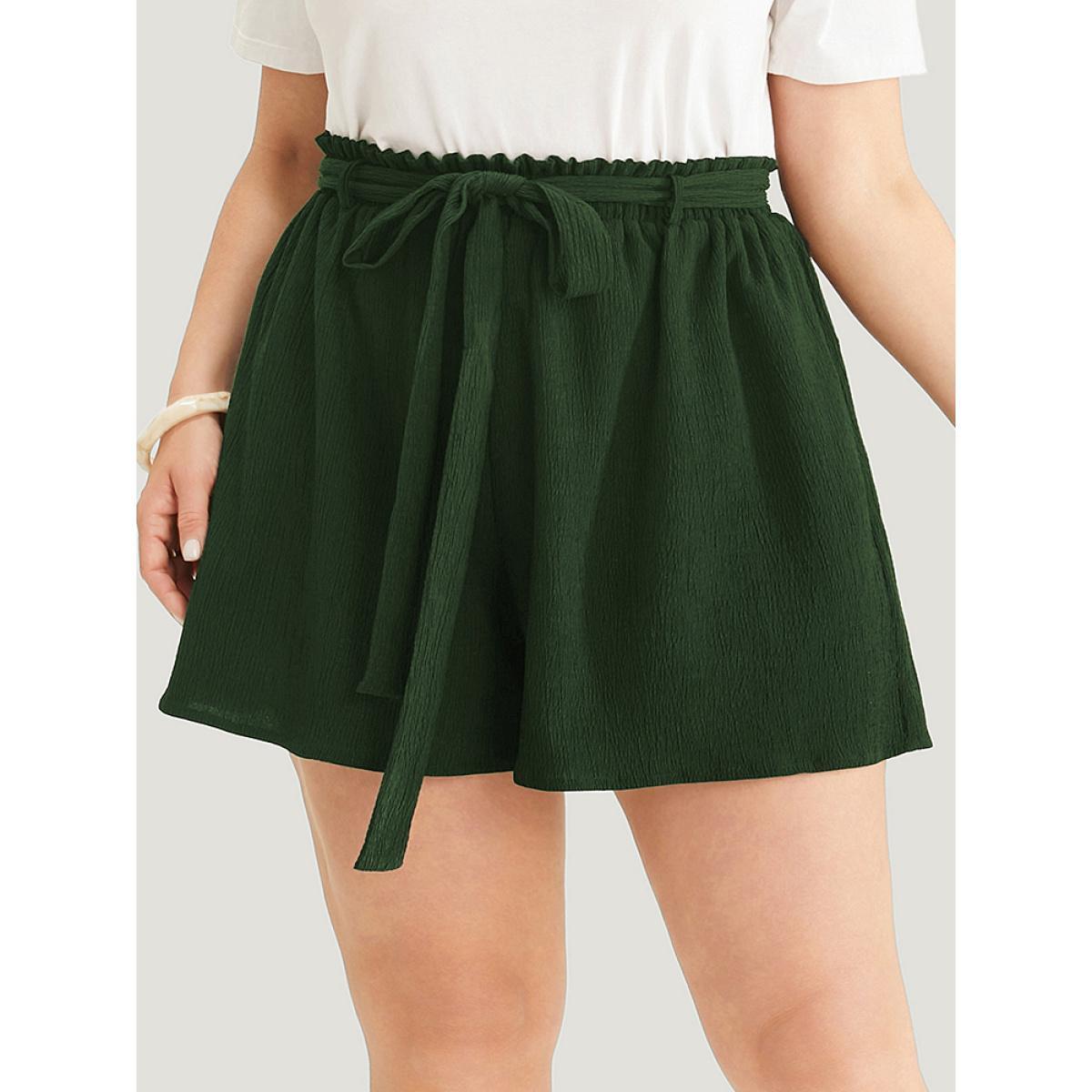 Plus Size Plain Paperbag Waist Ruffle Trim Belt Shorts Women ArmyGreen Casual Belted Dailywear Shorts BloomChic 18-20/2X Product Image