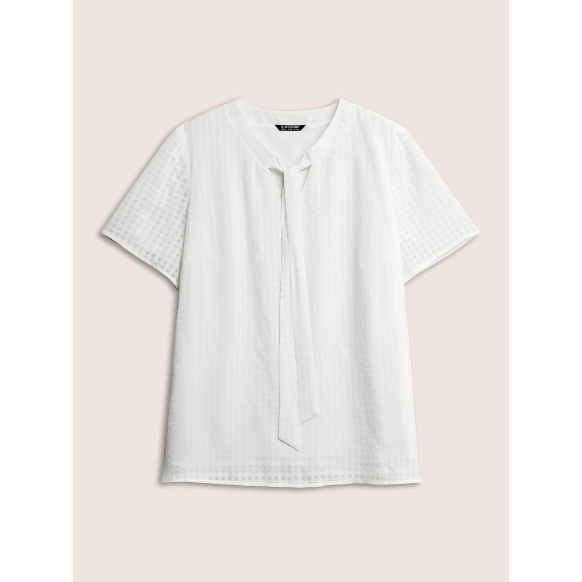 Plus Size Ivory Solid Textured Chiffon Mesh Tie Neck Blouse Women At the Office Short sleeve Ribbon-tied collar Work Blouses BloomChic 28/5X Product Image