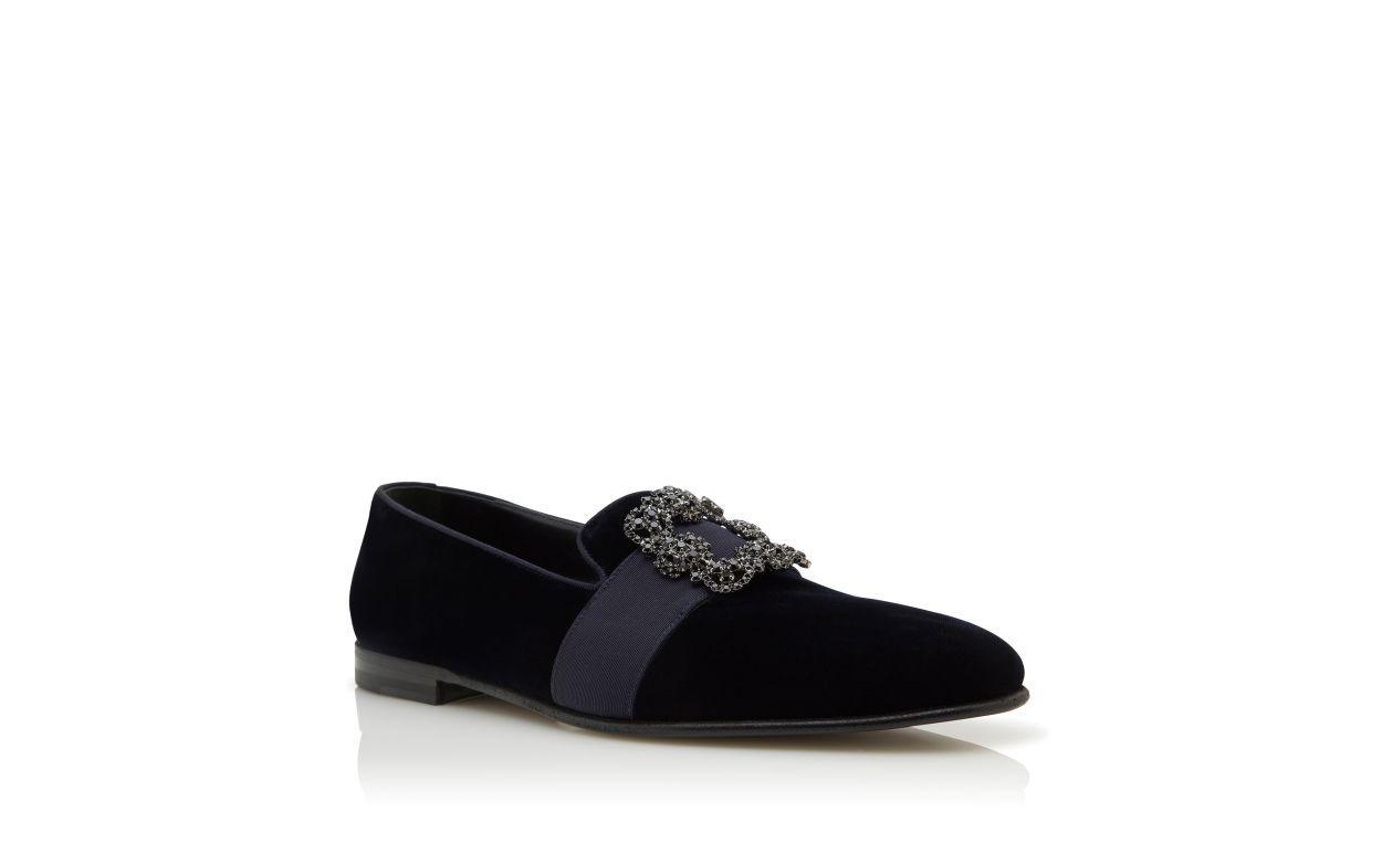CARLTON Dark Blue Velvet Jewelled Buckle Loafers Product Image