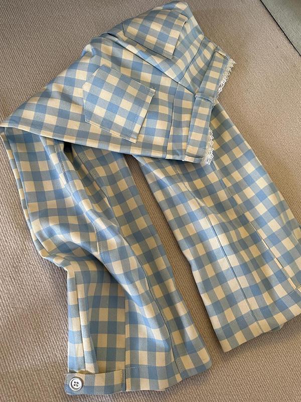 Blue Checkered Yamamoto-Style Suit With Wide-Leg Pants Product Image
