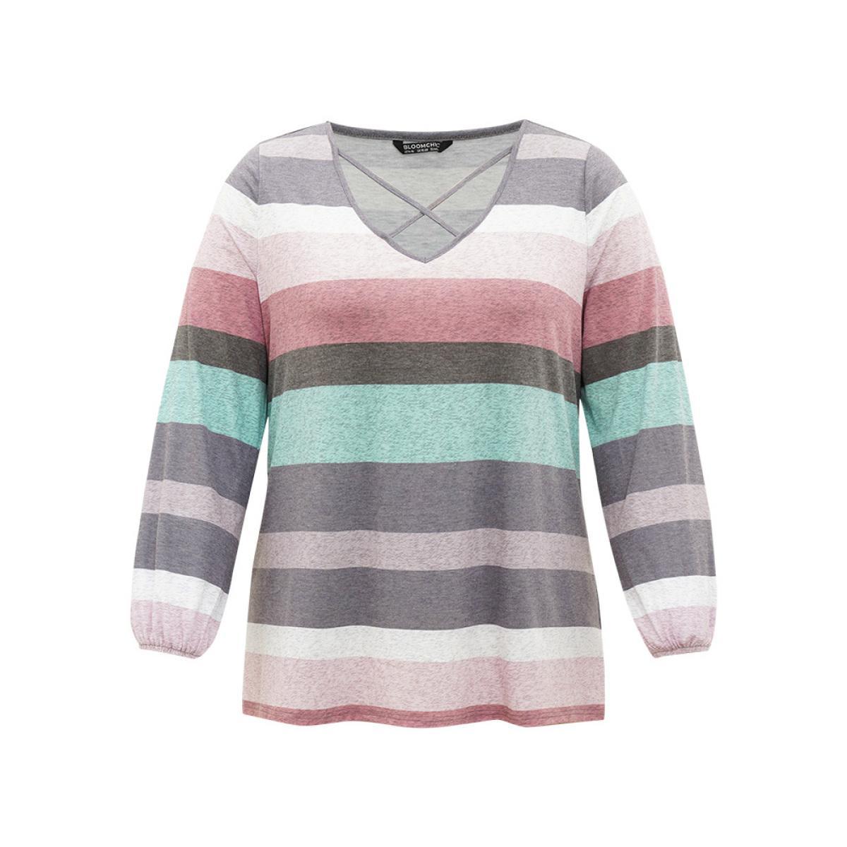 Plus Size Colour Striped Contrast Crisscross Lantern Sleeve T-shirt Multicolor Women Casual Elastic cuffs Striped V-neck Dailywear T-shirts BloomChic 30/6X Product Image