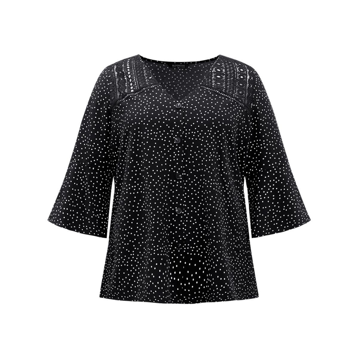 Plus Size Black Polka Dot Crochet Lace Button Detail Blouse Women Elegant Elbow-length sleeve V-neck Dailywear Blouses BloomChic 26/4X Product Image