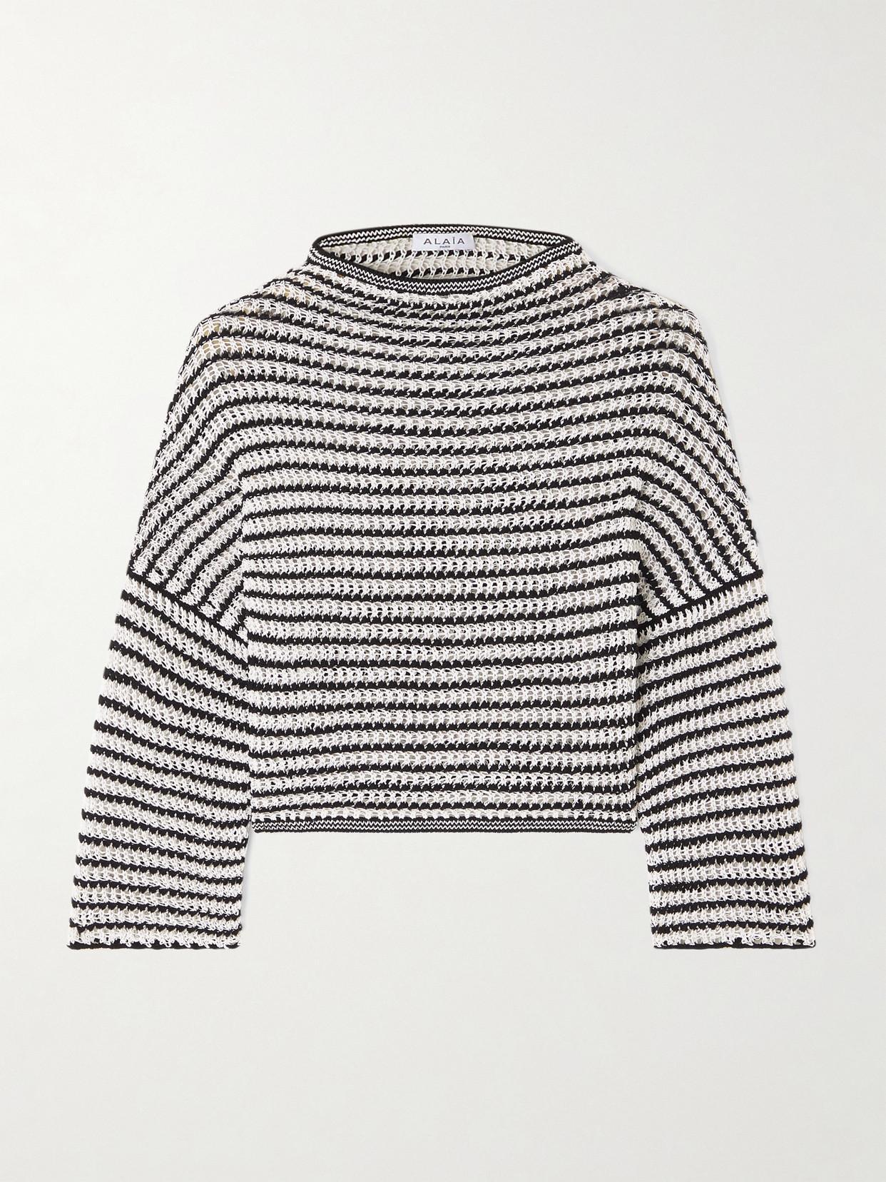 ALAÏA Cropped Striped Open-knit Top In Black Product Image