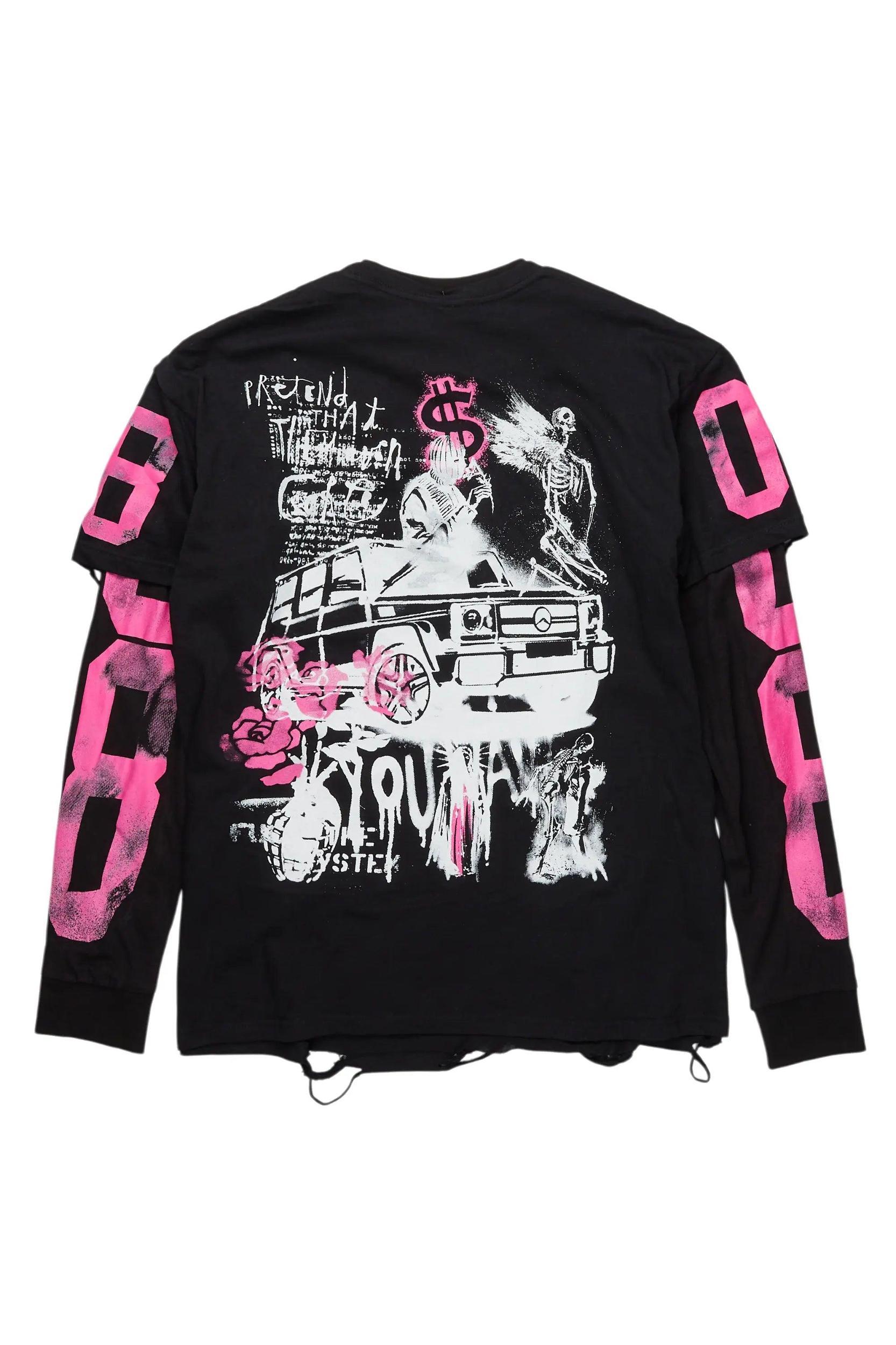 Grill Black/Pink Double Layer Long Sleeve Graphic T-Shirt Male Product Image