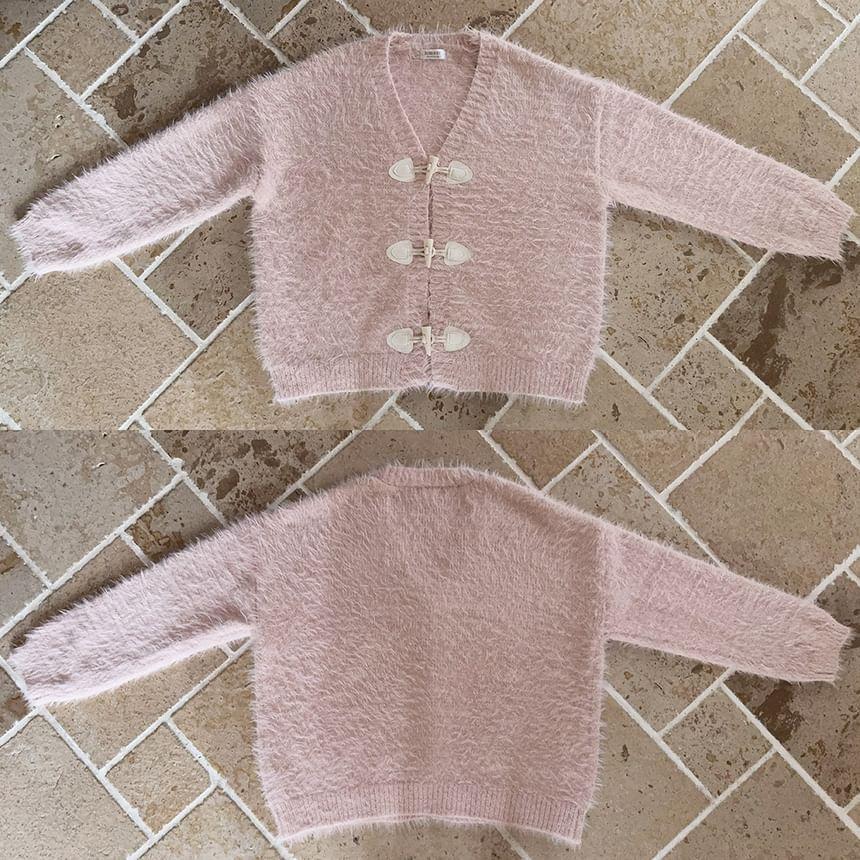 Long Sleeve V-Neck Toggle Button Fluffy Cardigan Product Image