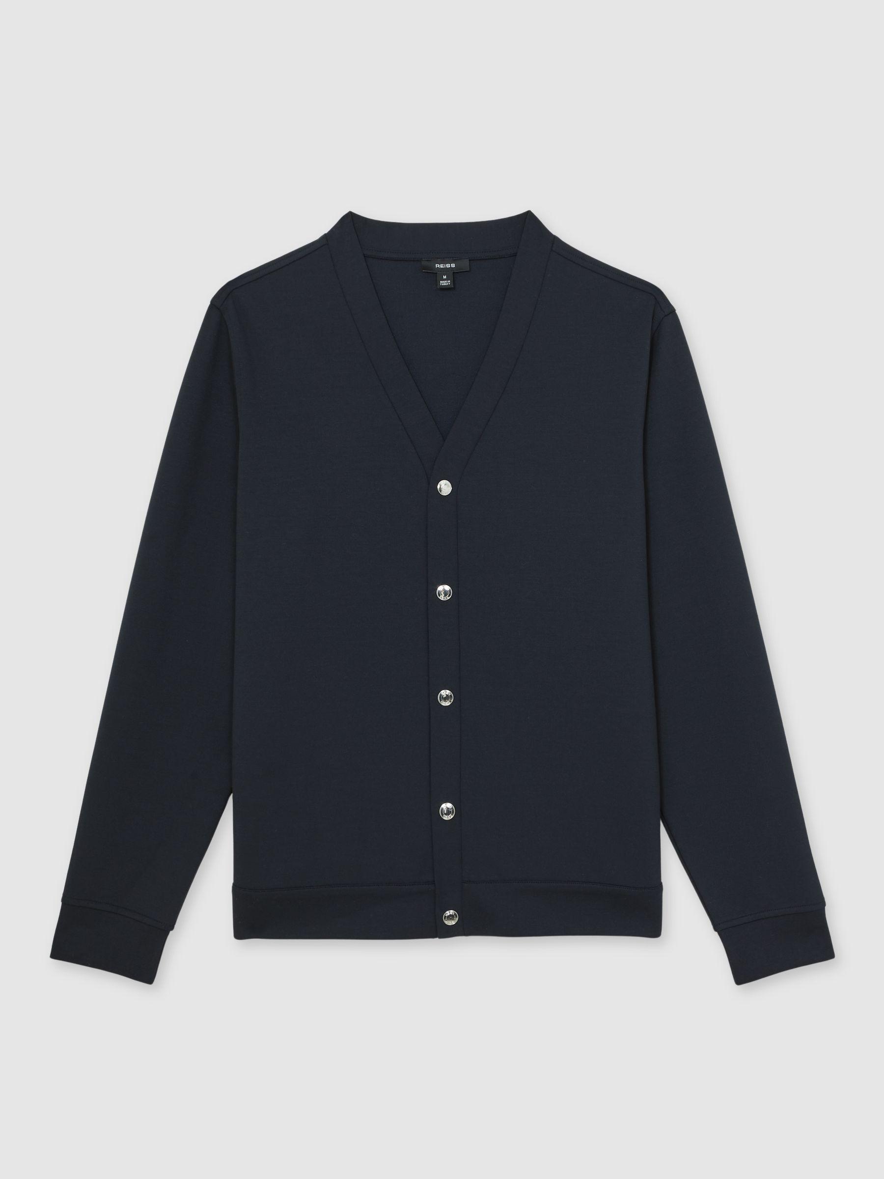 V-Neck Interlock Jersey Cardigan in Navy Product Image