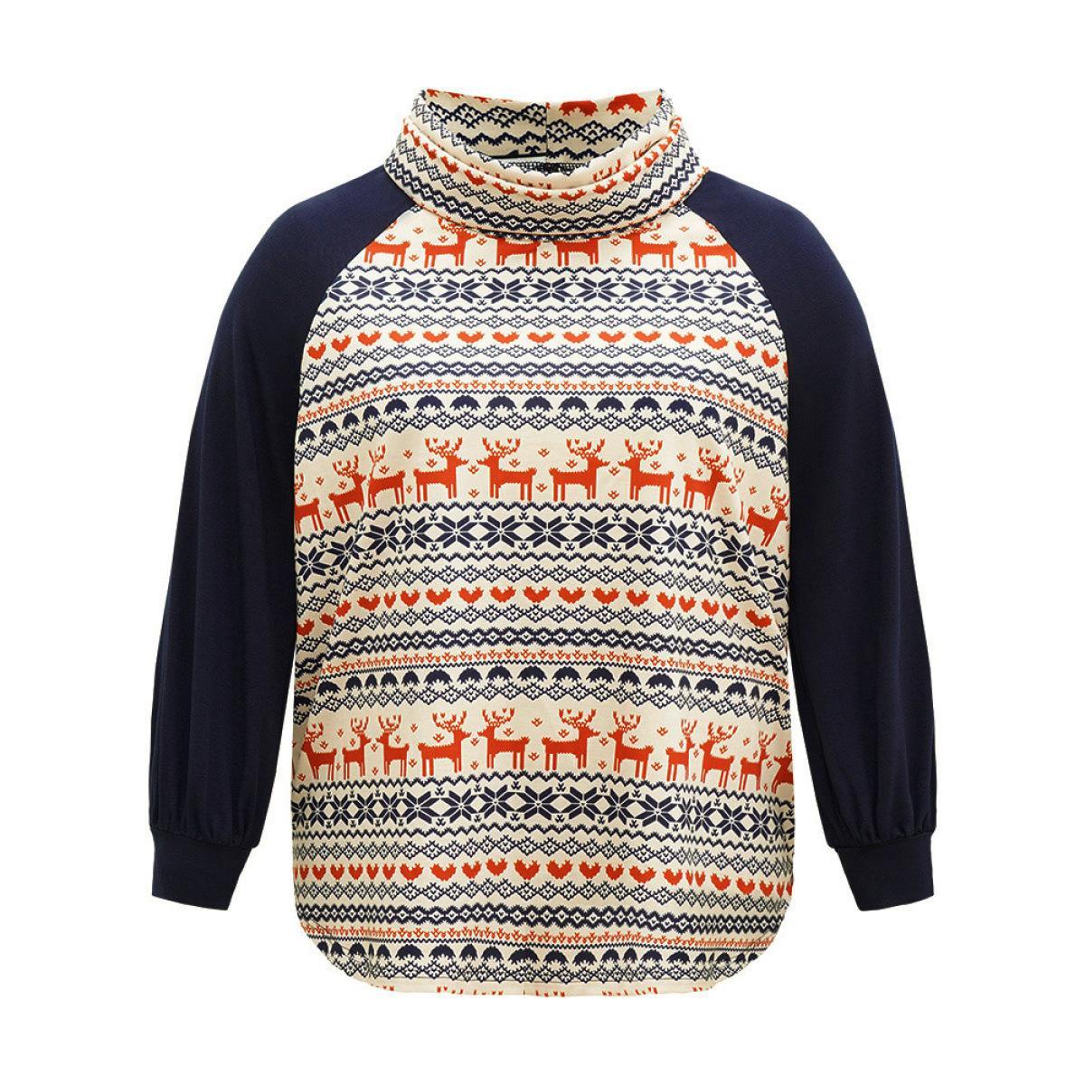 Plus Size Christmas Graphic Turtle Neck Raglan Sleeve Sweatshirt Women Navy Casual Contrast Turtleneck Festival-Christmas Sweatshirts BloomChic 28/5X Product Image