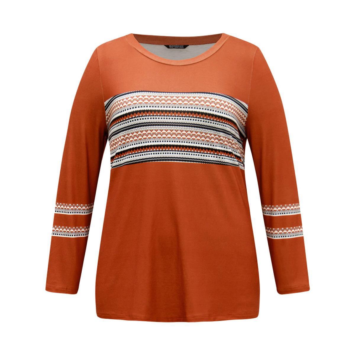 Plus Size Boho Print Patchwork Crew Neck T-shirt OrangeRed Women Casual Printed Bohemian Print Round Neck Dailywear T-shirts BloomChic 26/4X Product Image