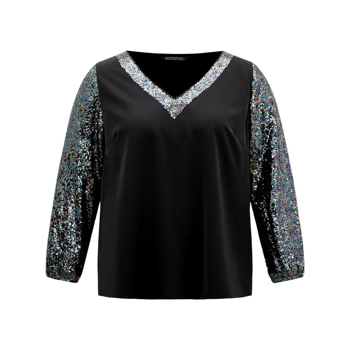 Plus Size Black Sequin Patchwork V Neck Blouse Women Glamour Long Sleeve V-neck Going out Blouses BloomChic 12/L Product Image