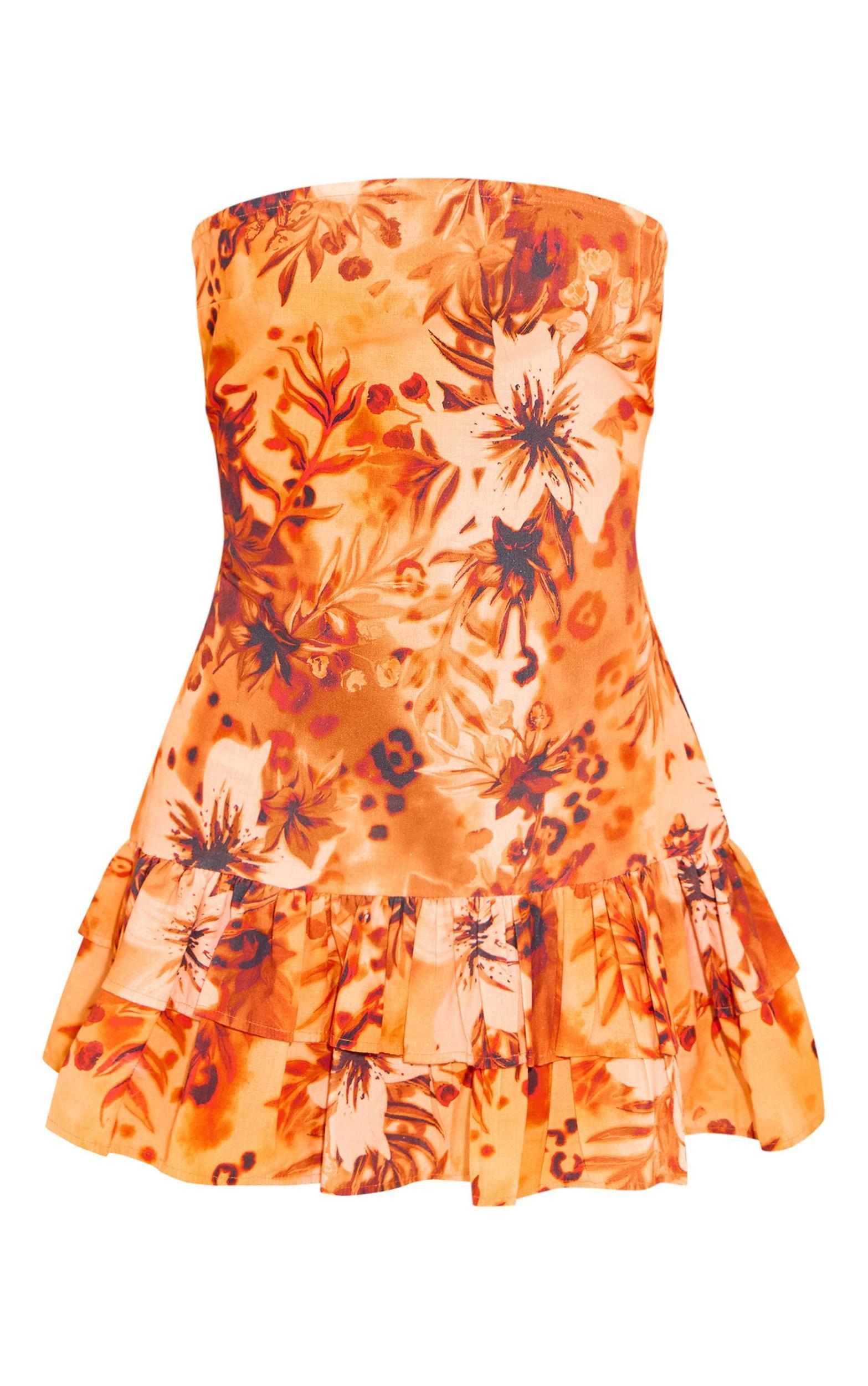Brown Floral Linen Look Bandeau Tiered Shift Dress Product Image