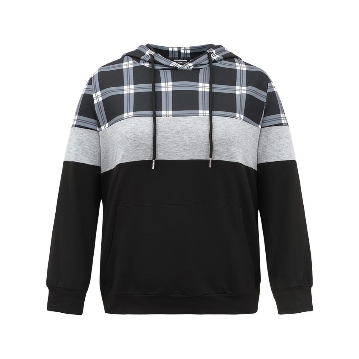 Plus Size Colorblock Contrast Plaid Kangaroo Pocket Sweatshirt Women Black Casual Contrast Hooded Dailywear Sweatshirts BloomChic 10/M Product Image