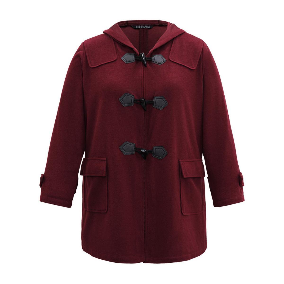 Plus Size Plain Duffle Button Pocket Hooded Coat Women Burgundy Casual Contrast Ladies Dailywear Winter Coats BloomChic 14-16/1X Product Image