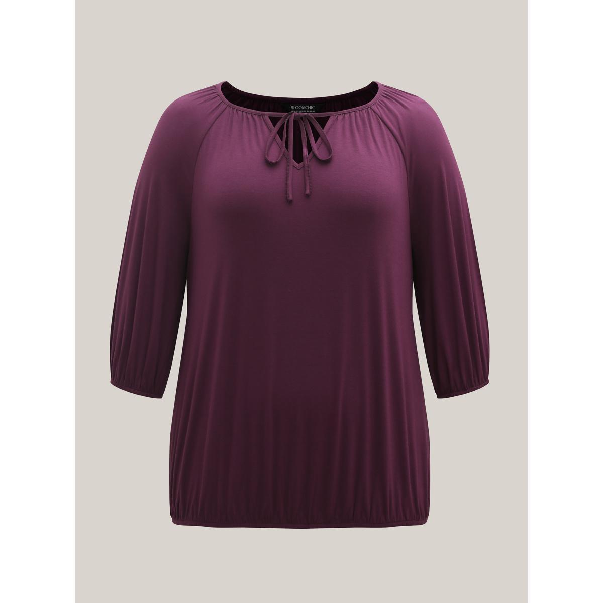 Plus Size Adjustable Neck Ties O-Style T-Shirt Plum Women Casual Tie knot Boat Neck Loose Everyday T-shirts BloomChic 10/M Product Image