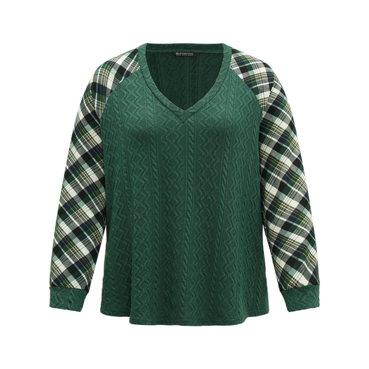 Plus Size Plaid Raglan Sleeve Patchwork Texture Sweatshirt Women DarkGreen Casual Elastic cuffs V-neck Dailywear Sweatshirts BloomChic 30/6X Product Image