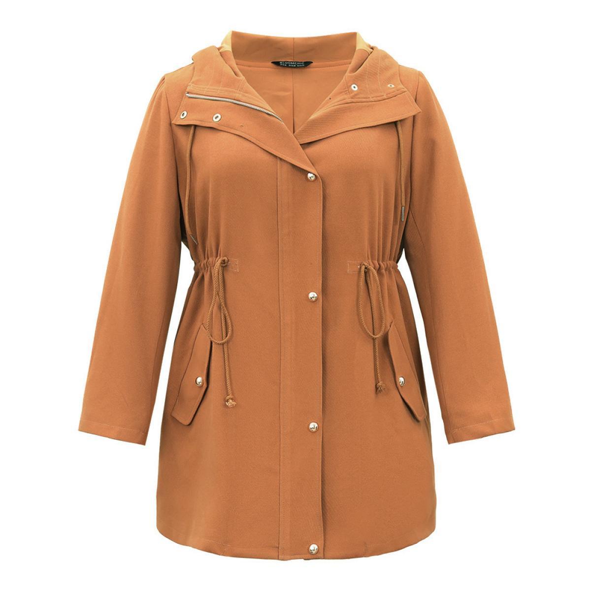 Plus Size Plain Drawstring Button Through Zipper Coat Women Yellow Casual Lined Ladies Dailywear Winter Coats BloomChic 30/6X Product Image