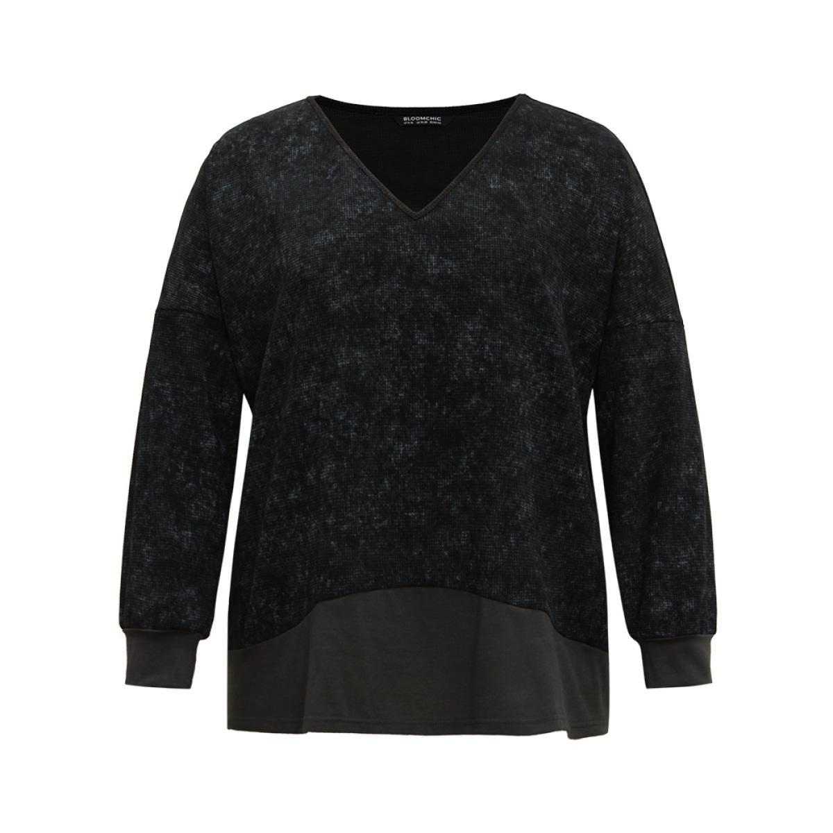 Plus Size Colorblock Waffle Knit Patchwork T-shirt DimGray Women Casual Waffle Knit Patchwork Round Neck Dailywear T-shirts BloomChic 14-16/1X Product Image