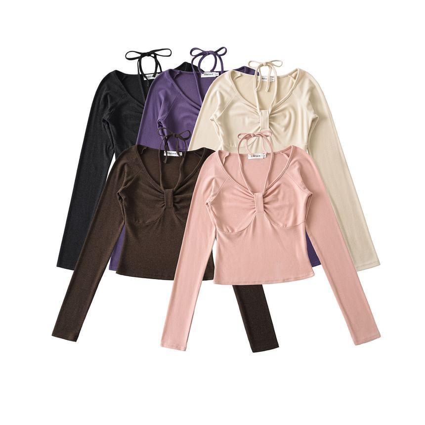 Long-Sleeve Halter Neck Plain Ruched Slim Fit Crop T-Shirt Product Image