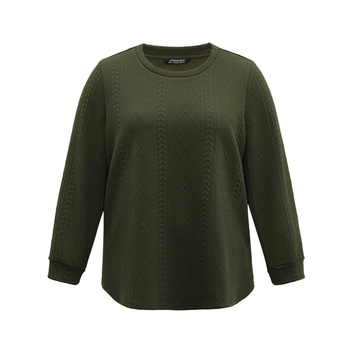 Plus Size Plain Textured Round Neck Sweatshirt Women ArmyGreen Casual Non Round Neck Everyday Sweatshirts BloomChic 18-20/2X Product Image