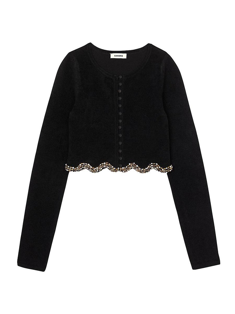 Womens Short Rhinestone Velvet Knit Cardigan Product Image