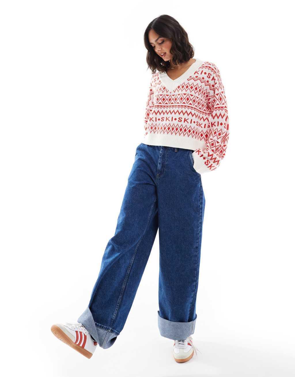 ASOS DESIGN v neck slogan sweater with fairisle pattern in red and cream Product Image