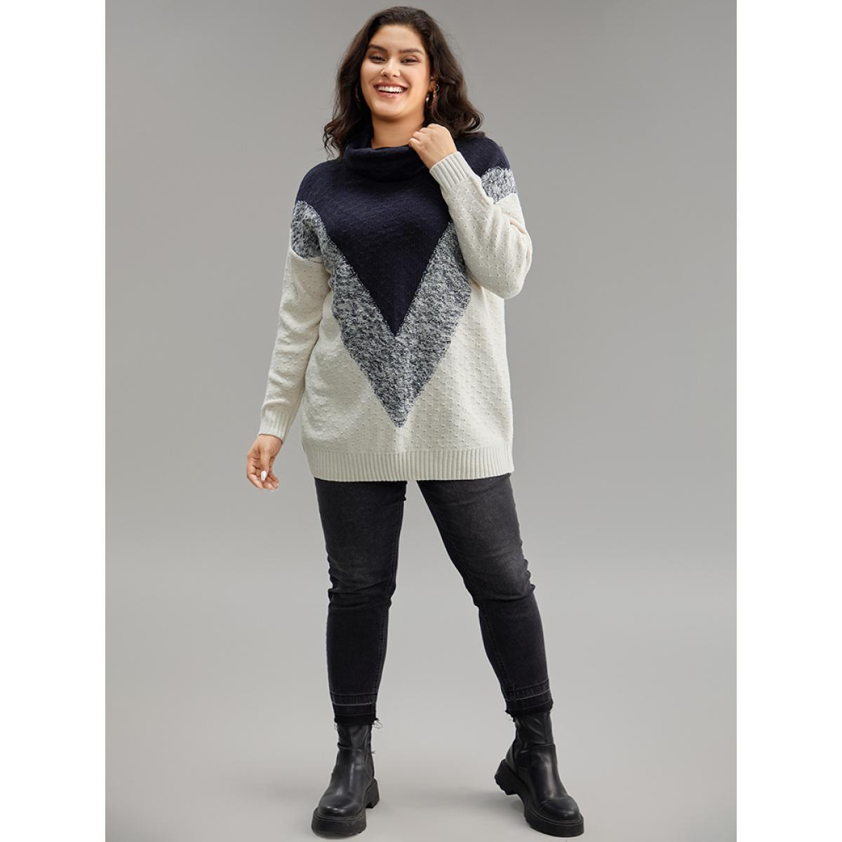 Plus Size Heather Colorblock Turtle Neck Pullover Midnight Women Casual Loose Long Sleeve Round Neck Dailywear Pullovers BloomChic 10/M Product Image