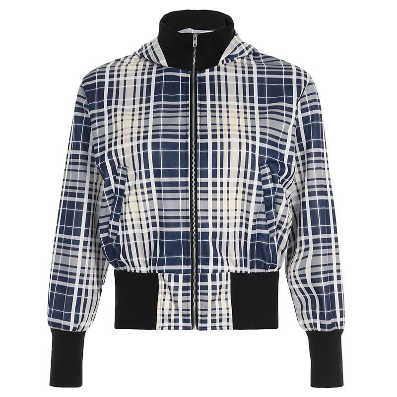 Stand Collar Plaid Zip Bomber Jacket Product Image