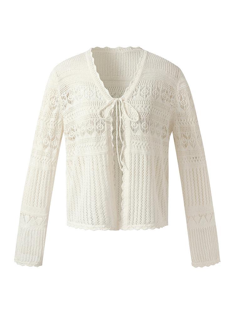 Linen Cotton Openwork Tie Front Women Cardigan Product Image