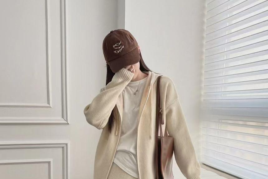 Set: Plain Zip-Up Knit Hoodie + High Rise Slit Midi Straight Skirt Product Image