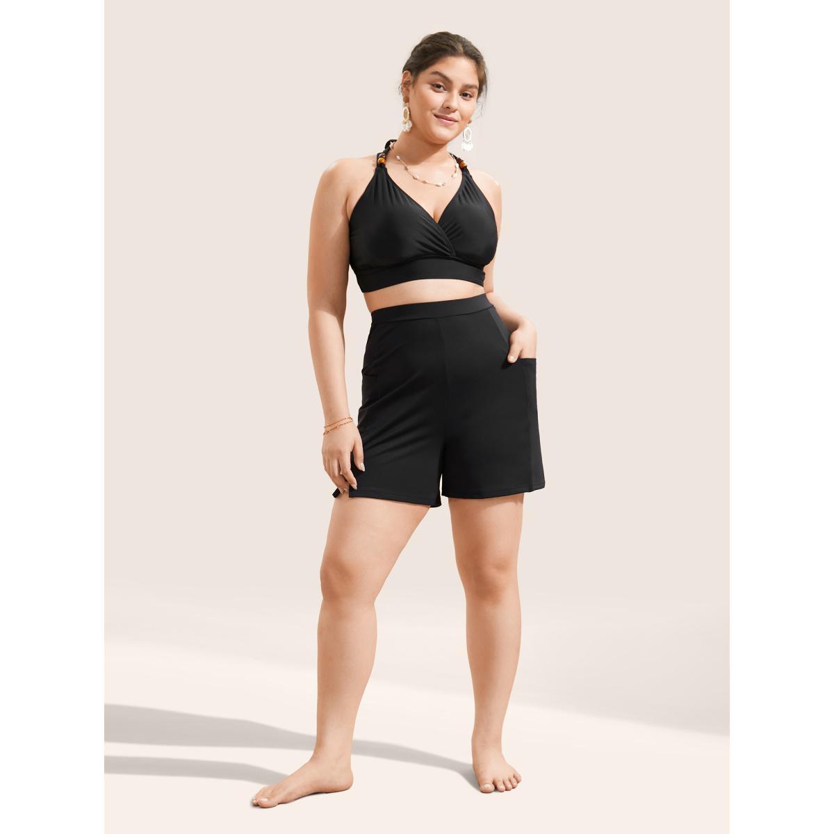 Plus Size High Rise Pocket Split Side Swim Bottom Women's Swimwear Black Beach Non High stretch Bodycon High Rise Slanted pocket Curve Swim Bottoms BloomChic 12/L Product Image