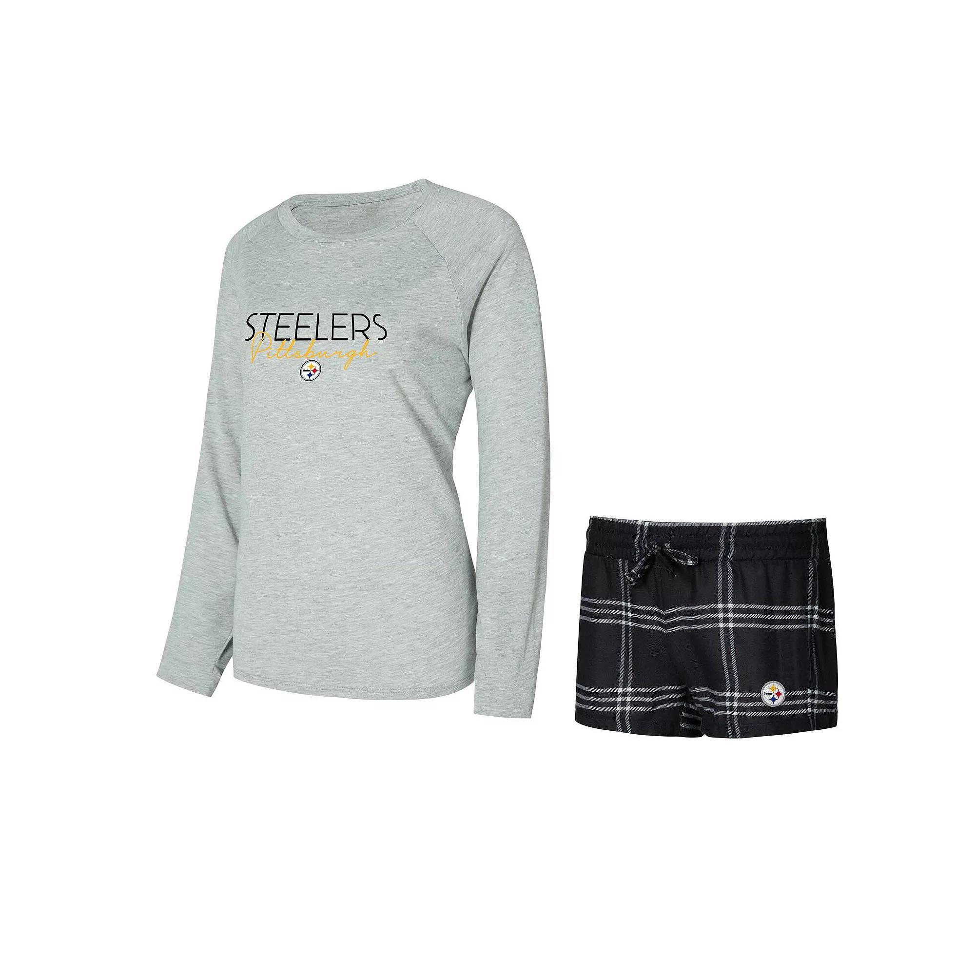 Women's Concepts Sport Black/Gray Pittsburgh Steelers Petition Raglan Long Sleeve T-Shirt and Shorts Set, Size: Medium Product Image