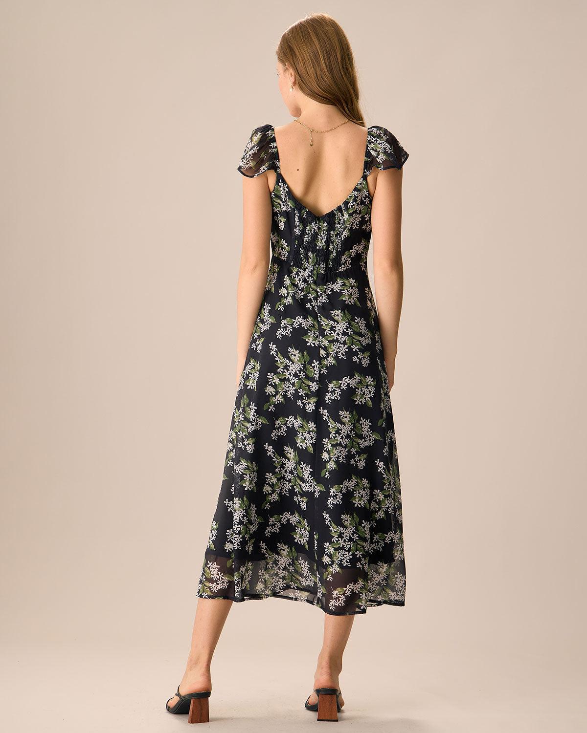 Women's Black Floral Shirred Midi Dress Female Product Image