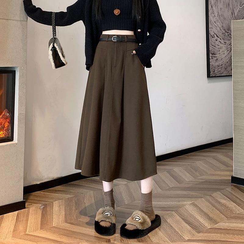 High Waist Plain Midi A-Line Skirt Product Image