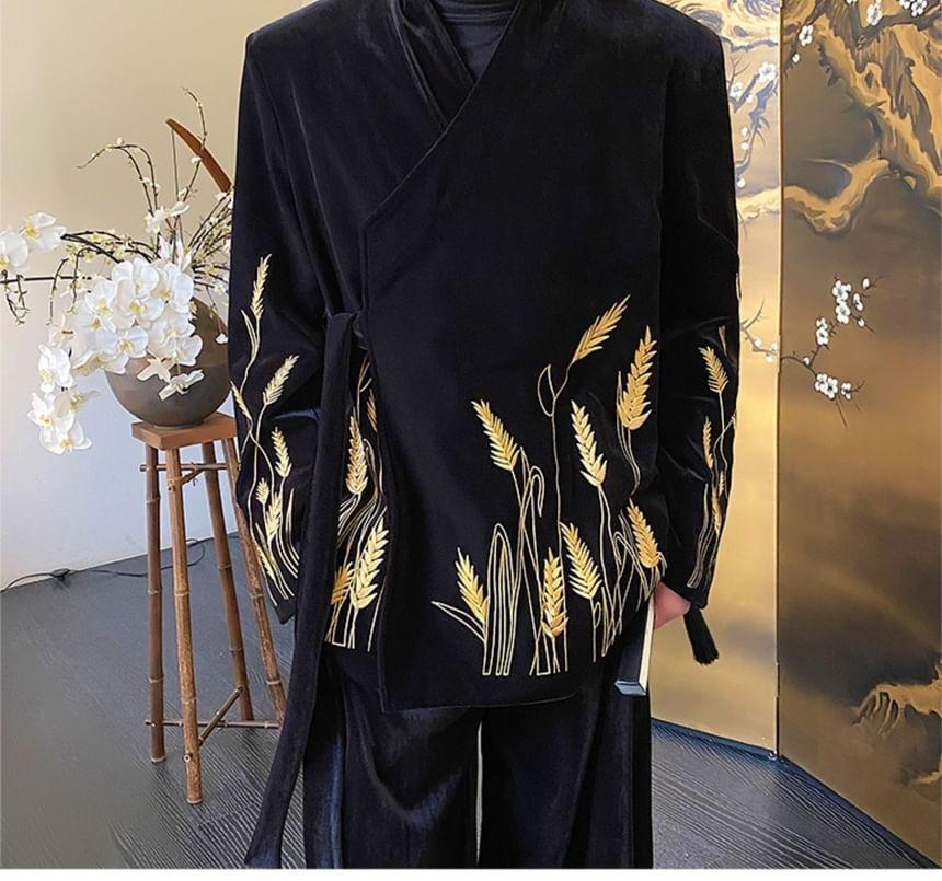 Set: Embroidered Velvet Tie Front Jacket + Mid Rise Wide Leg Dress Pants Product Image