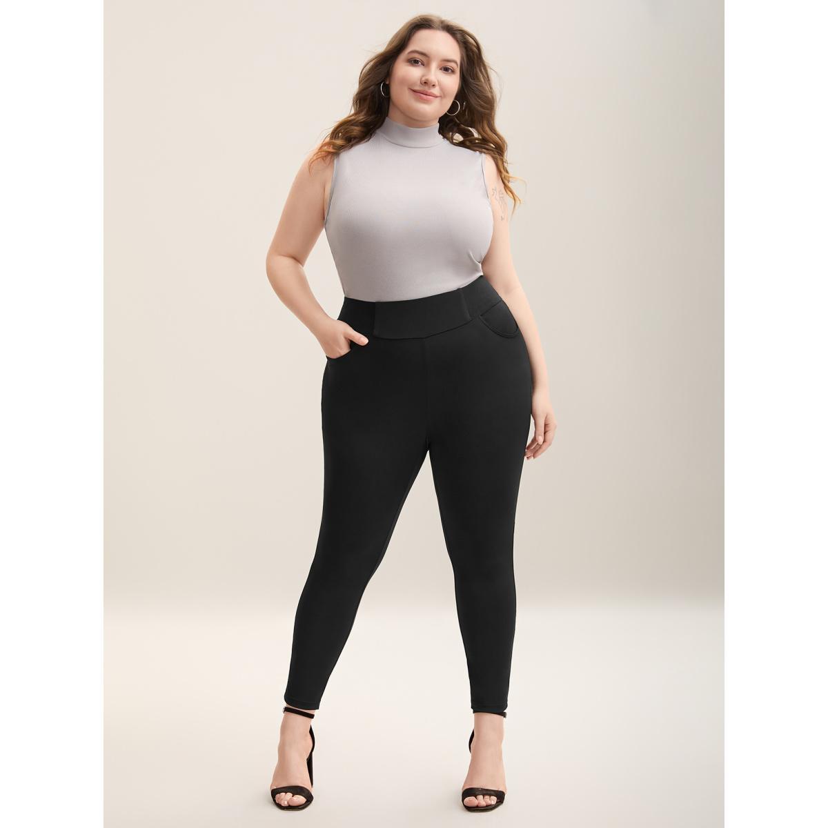 Plus Size Rubber Spliced Wide Waistband Tight Pants Women Black Elegant Skinny Mid Rise Everyday Pants BloomChic 14-16/1X Product Image