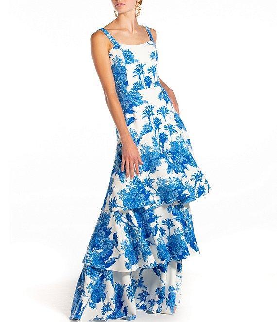 Mestiza New York Torero Tropical Palm Toile Print Square Neck Shoulder Strap Tiered Ruffled Maxi Dress Product Image