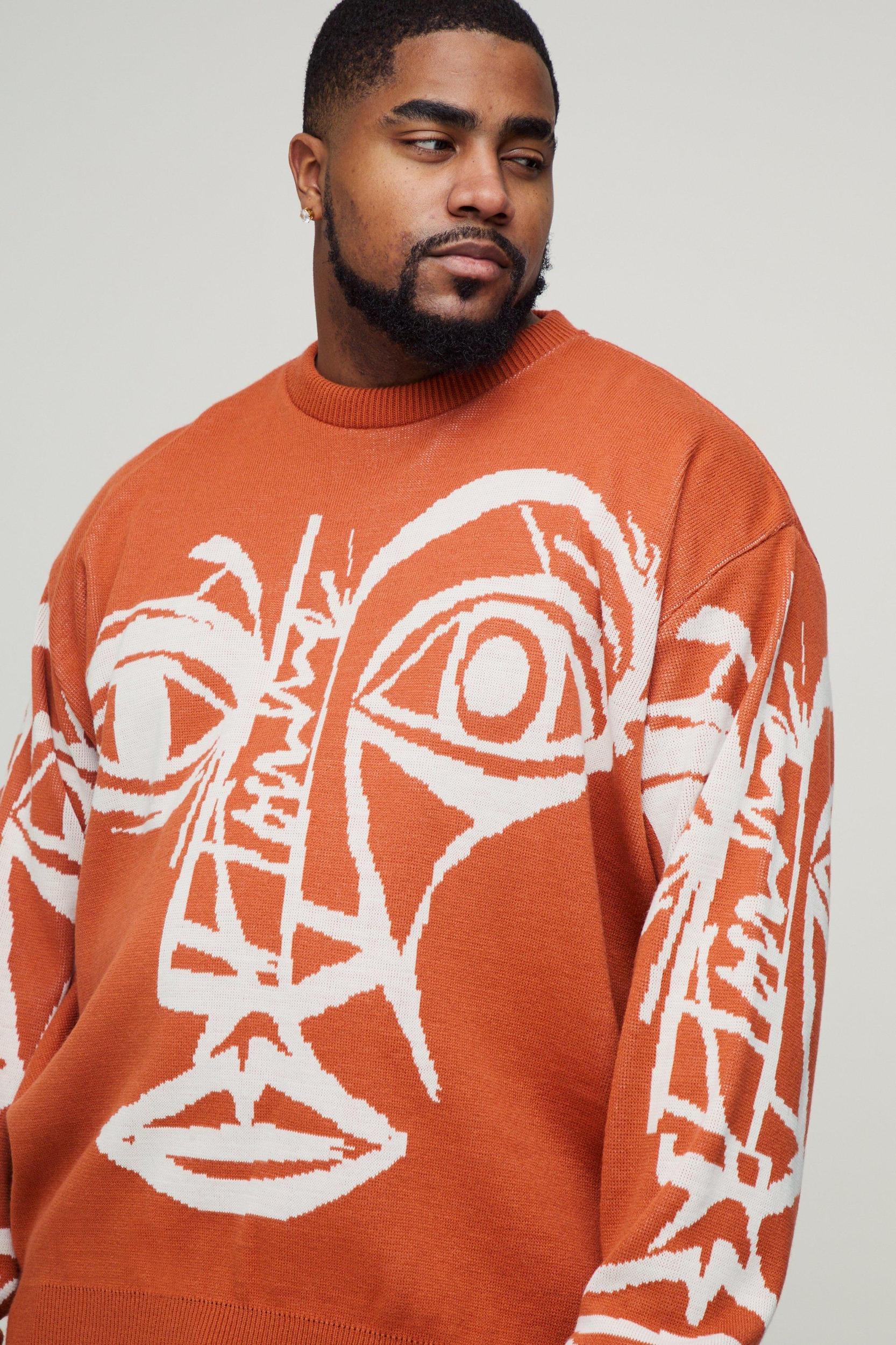 Plus Oversized Boxy Abstract Line Face Knitted Sweater | boohooMAN USA Product Image