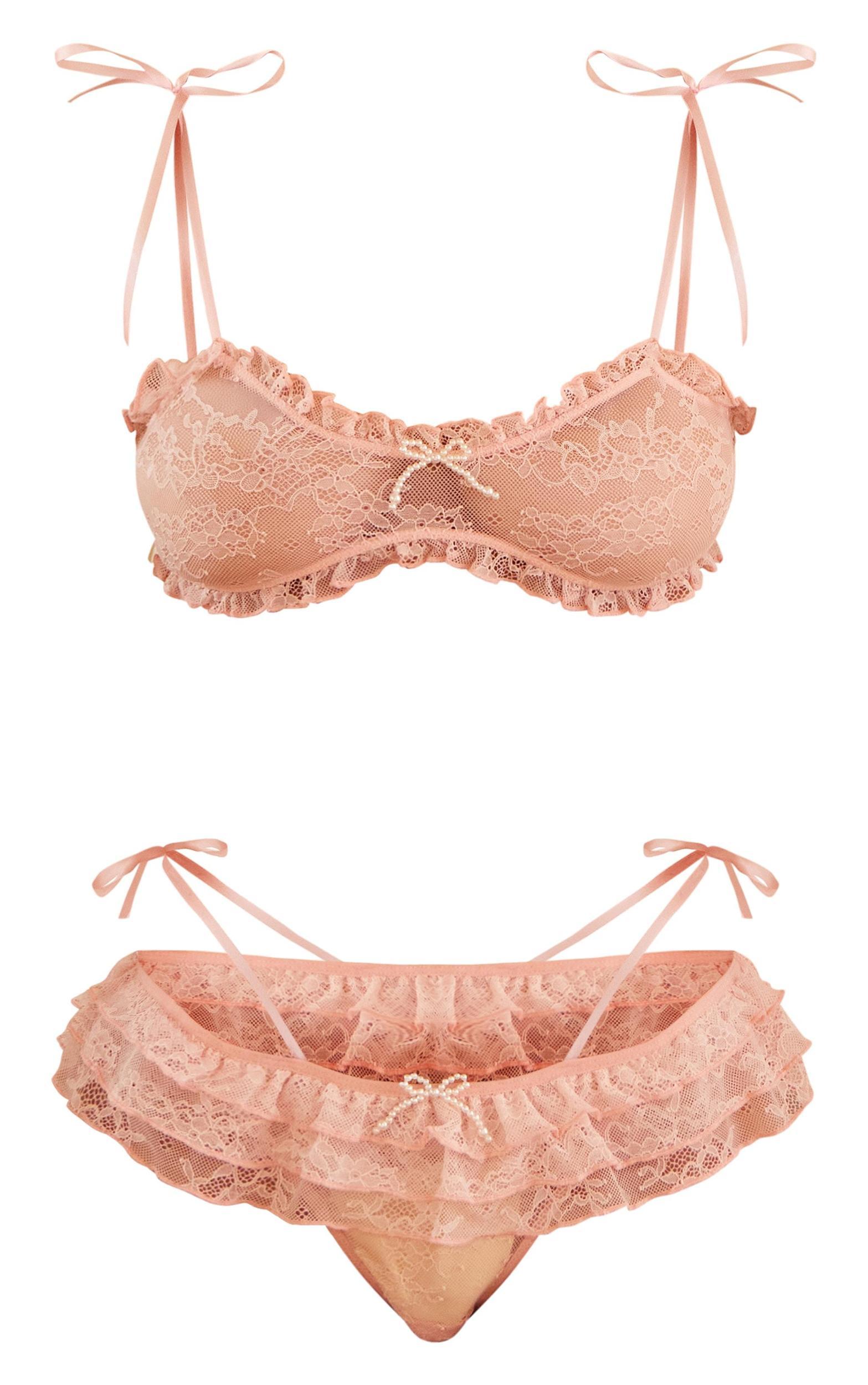 Pink Mesh Ruched Frill Lace Detail Lingerie Set Product Image
