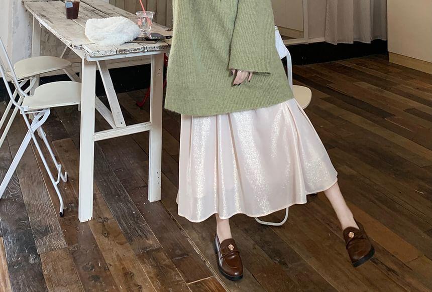 V-Neck Plain Long Sweater / High Waist Midi A-Line Skirt Product Image