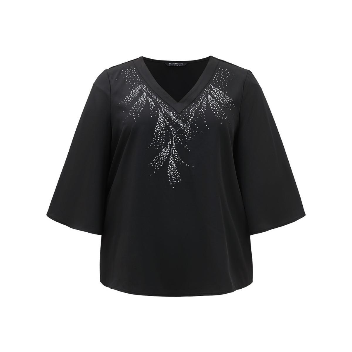Plus Size Black Twill Rhinestone V Neck Ruffle Sleeve Blouse Women Glamour Elbow-length sleeve V-neck Going out Blouses BloomChic 12/L Product Image
