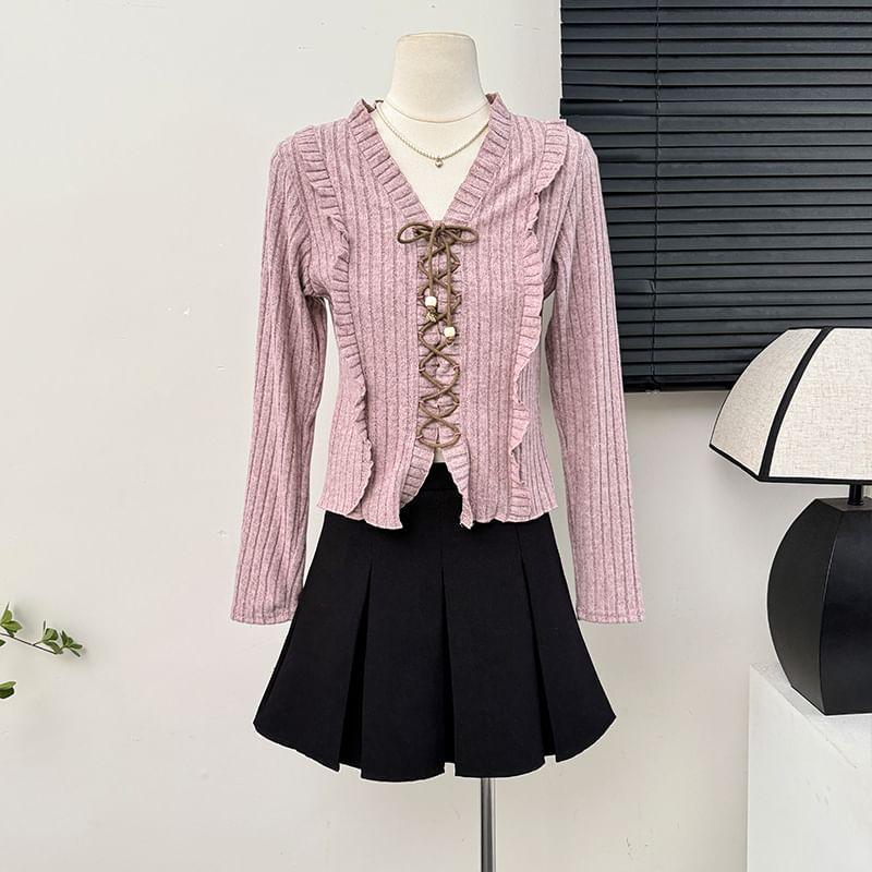 Ruffle-Trim V-Neck Lace-Up Knit Crop Top Product Image